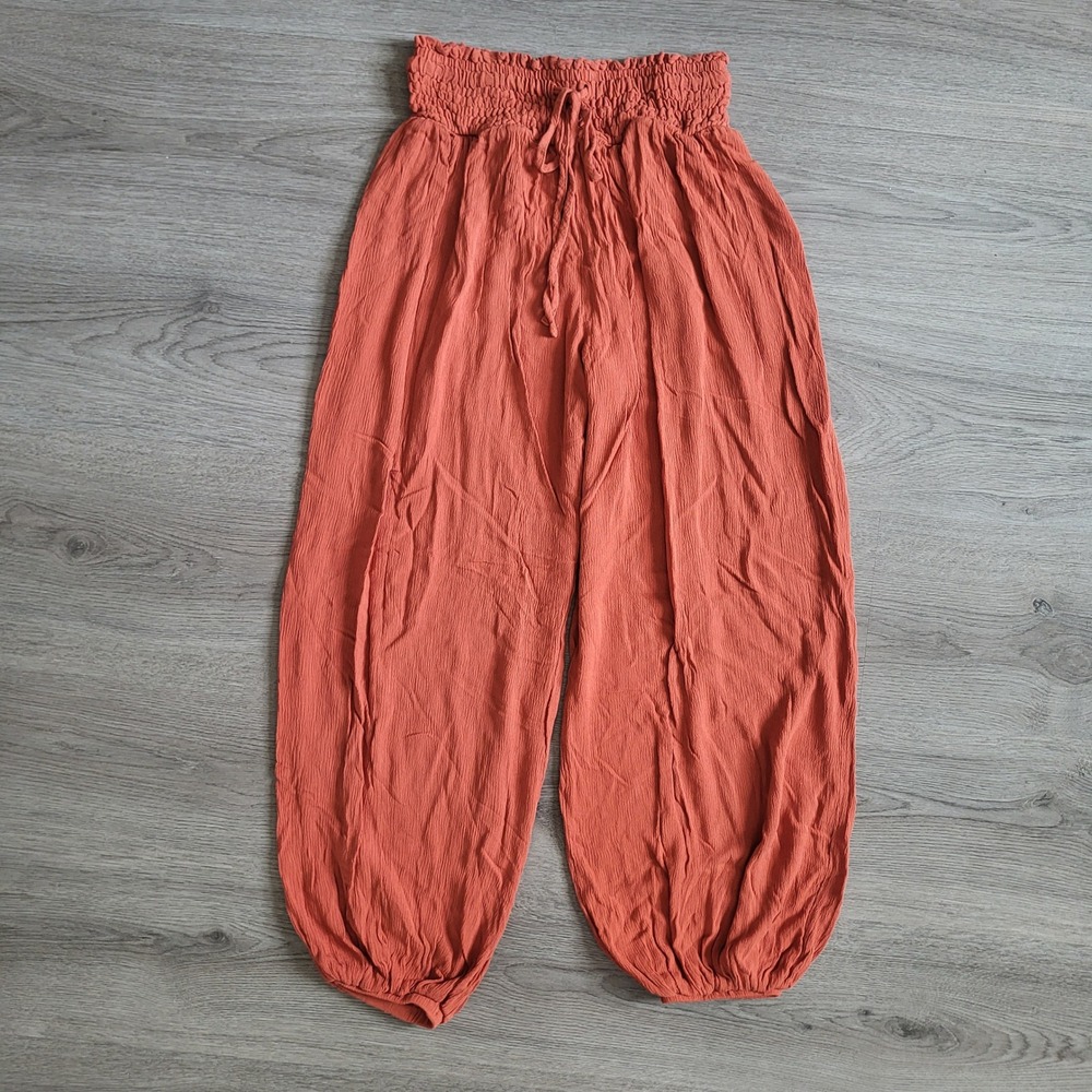 Rust Orange Smocked High Waist Harem Genie Patachute Pants Baggy Size Small 4